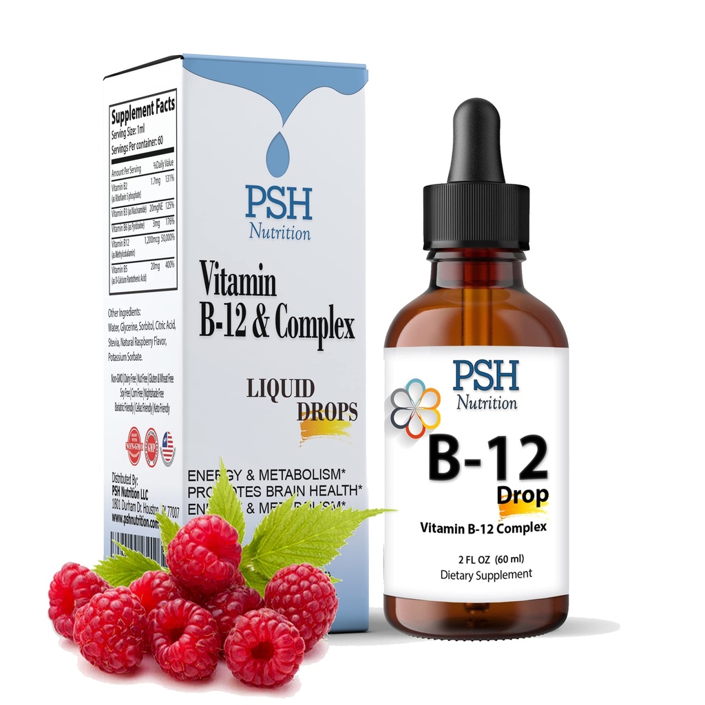Premium PSH B Kompleksi B12 - Doğal Enerji Uyarısı - ABD Enerji ve Oda Stres Yardımı ve Enerji ve Immune Desteği için Tamamlandı - 2 fl oz