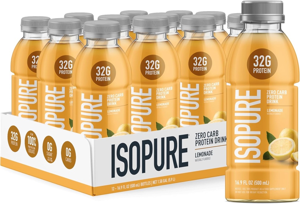Isopure Zero Carb 32g Clear Protein Ready-to-Drink, Whey Protein Isolate, Lemonade, 12 Pack (Pazar Mayıs Vary)