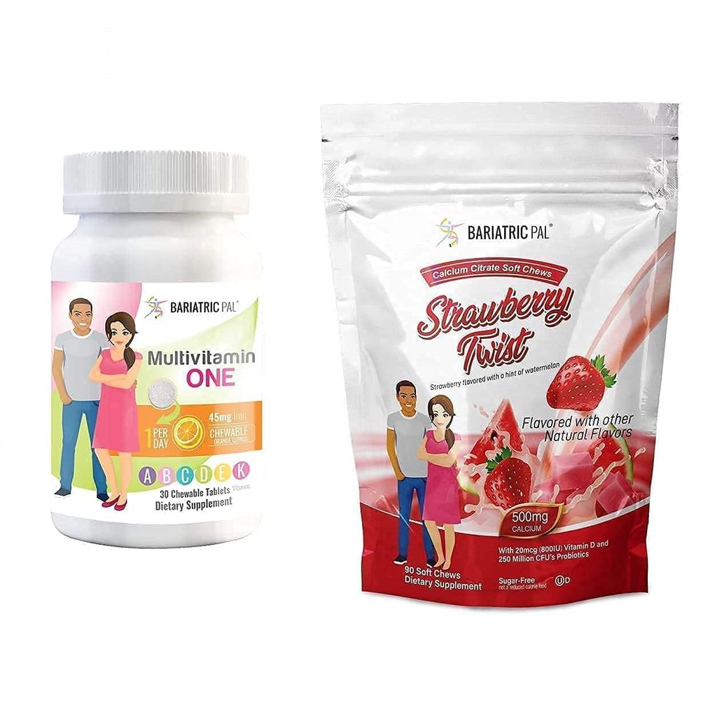 BariatricPal 30-Day Bariatric Vitamin Bundle (Πολυβιταμίνη 1 ανά ημέρα! Μασώμενα με 45mg Σιδήρου - Πορτοκαλί Εσπεριδοειδή και ασβέστιο Κιτρικό Μαλακό Μασά 500mg με Προβιοτικά - Φράουλα Τουίστ)