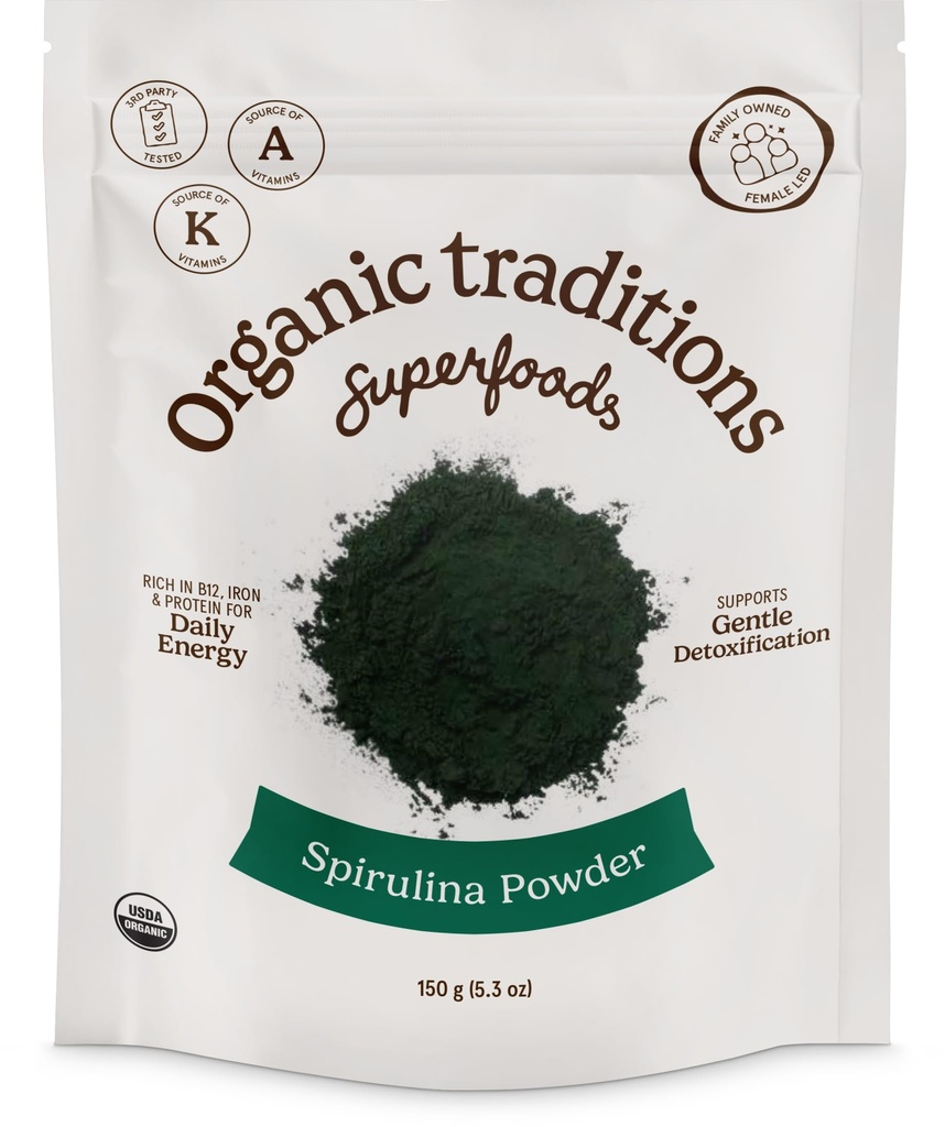 Organik Gelenekler Organik Spirulina Toz Vegan Non-GMO Superfood, 5.3oz (150g) Bag, Bag başına 50 Hizmet