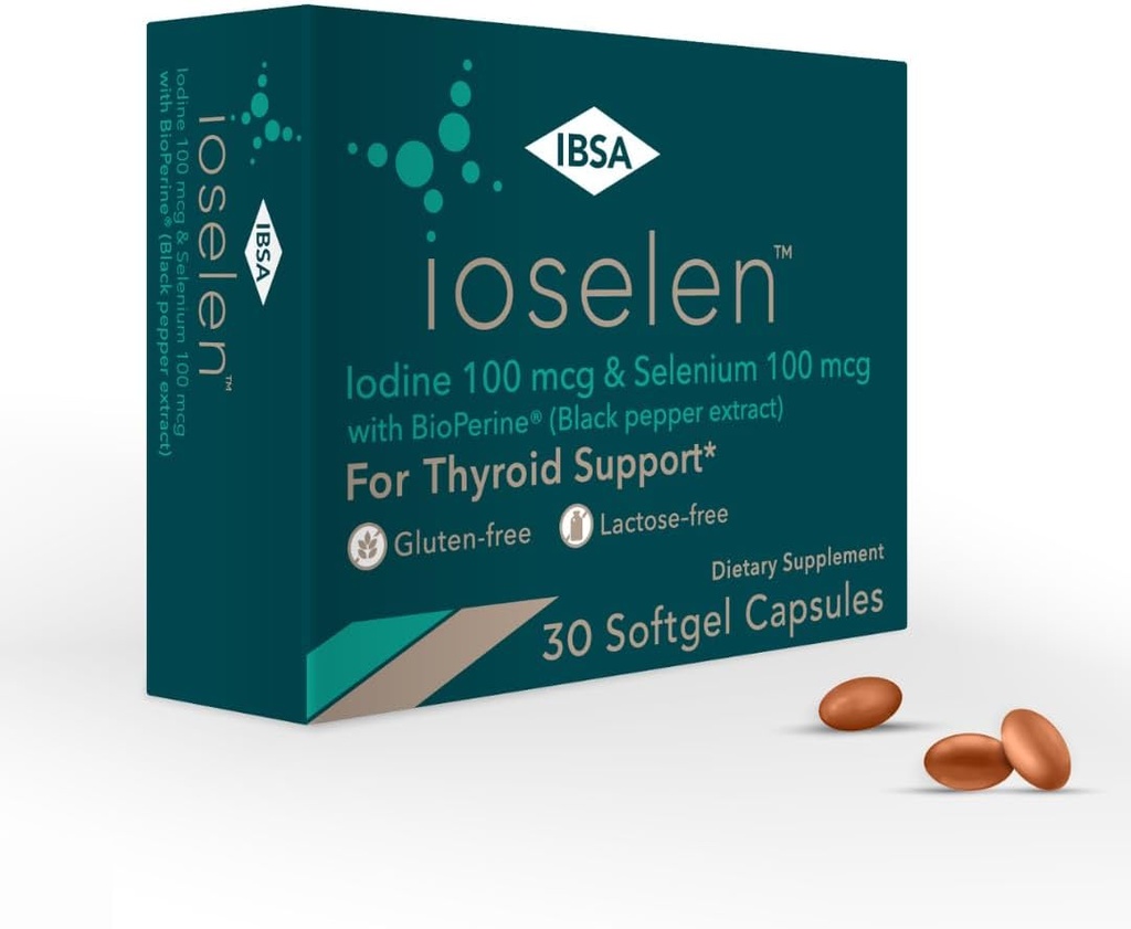 Ioselen - Tiroid Desteği Tamam - 100 mcg Selenium, 100 mcg Iodine, 5 mg BioPerine - 30 Soft-Gelişen Bioavailability ve Abxia - Gluten-Free, Lactose-Free, Sugar-Free, Non-GMO