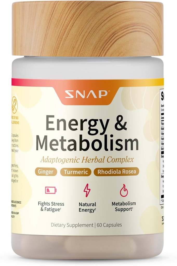 Snap Supplements Energy & Metabolism Herbal Kompleksi Fatigue, Stres Yardımı, Enerji ATM & Daha İyi Mood, Kadınlar ve Erkekler için Enerji Pilleri, 60 Capsules (30 Hizmet, 1 Ay Supply)