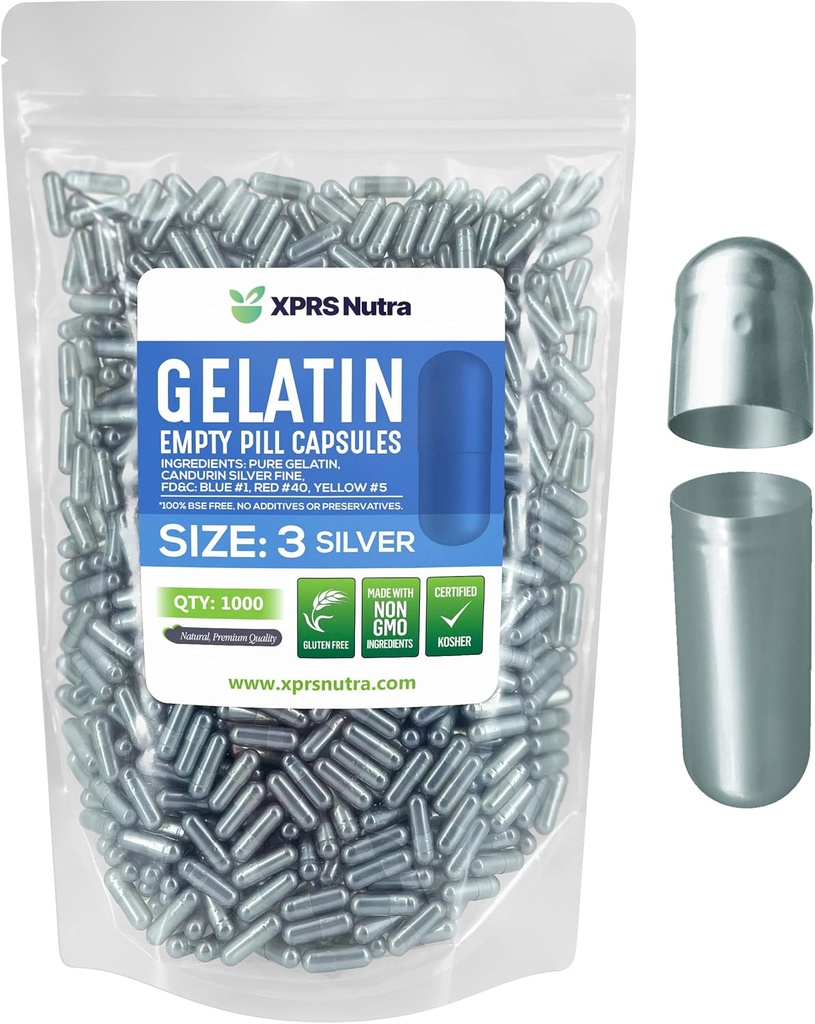 XPRS Nutra Μέγεθος 3 Κενές κάψουλες - 1000 Count Empty Gelatin Κάψουλες - Χάπια DIY Καψάκιο Γέμισμα - Pure Bovine Pill Gel Caps for Do-It-Yourself Συμπληρώματα (Ασημί)