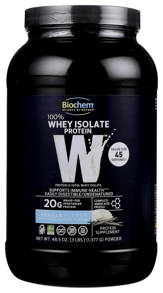 Biochem 100% Whey Isolate Protein Toz, Vanilla Flavor, 20g Grass-Fed Protein, Keto Friendly, Gluten Free, Easy Digestible, Vegetarian, 48.5 oz, 45 Hizmetler