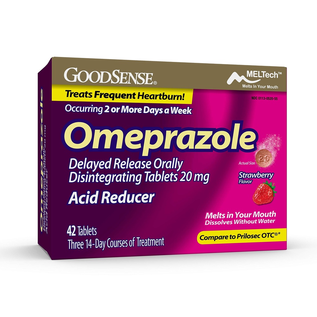 GoodSense Omeprazole Gecikmiş Yayın sözlü olarak 20 mg, Strawberry Flavor, Dissolve Tabs, Vers Frequent Heartburn, Acid, Heartburn Tıp, 42 Tablet