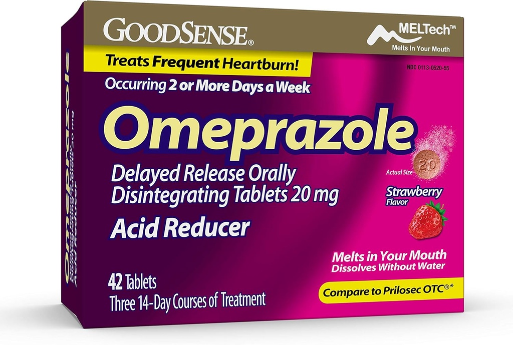 GoodSense Omeprazole Gecikmiş Yayın sözlü olarak 20 mg, Strawberry Flavor, Dissolve Tabs, Vers Frequent Heartburn, Acid, Heartburn Tıp, 42 Tablet
