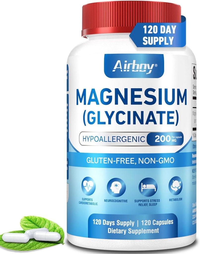 Airboy Magnezyum Glycinate 200 mg, En İyi Magnezyum Glycinate for Sleep,120 Vegan Small Capsules, High Abxia Support Relaxation, Sleep and Calm Mood,Non-GMO ve No Glutenten-GMO