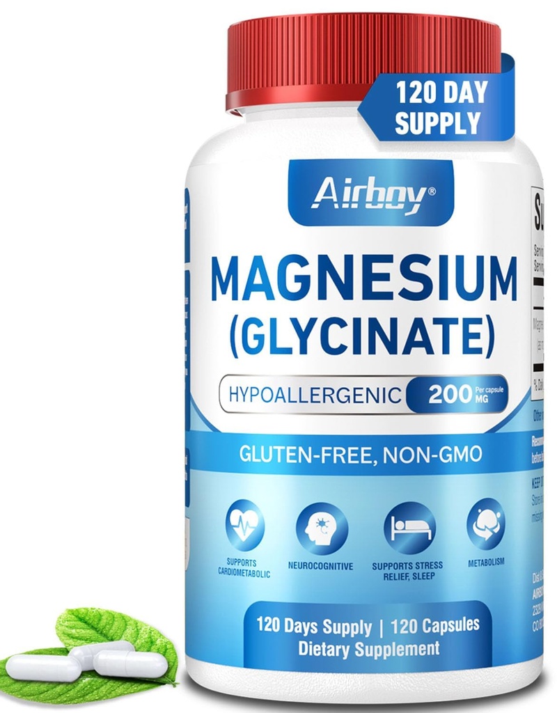 Airboy Magnezyum Glycinate 200 mg, En İyi Magnezyum Glycinate for Sleep,120 Vegan Small Capsules, High Abxia Support Relaxation, Sleep and Calm Mood,Non-GMO ve No Glutenten-GMO