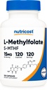 Nutricost L- Methylfolate 15mg, 120 κάψουλες (5- MTHF) - Vegan, μη ΓΤΟ, Χωρίς γλουτένη