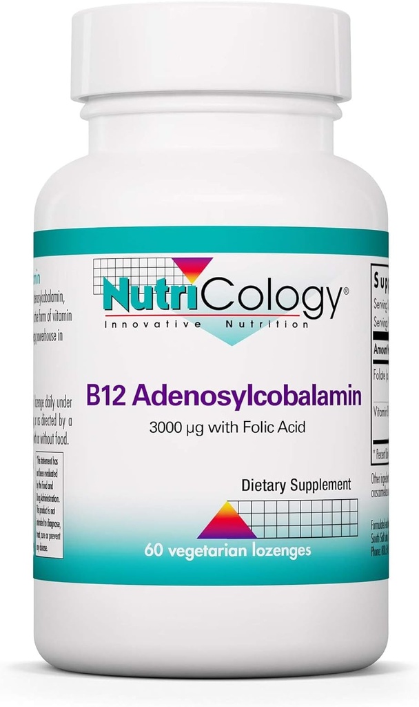 Nutricology B12 Adenosylcobalamin Supplement - Folic Acid, B12 3000 mcg, Folate, Pure B12, Vegetarian Lozenges - 60 Count Count Count Count