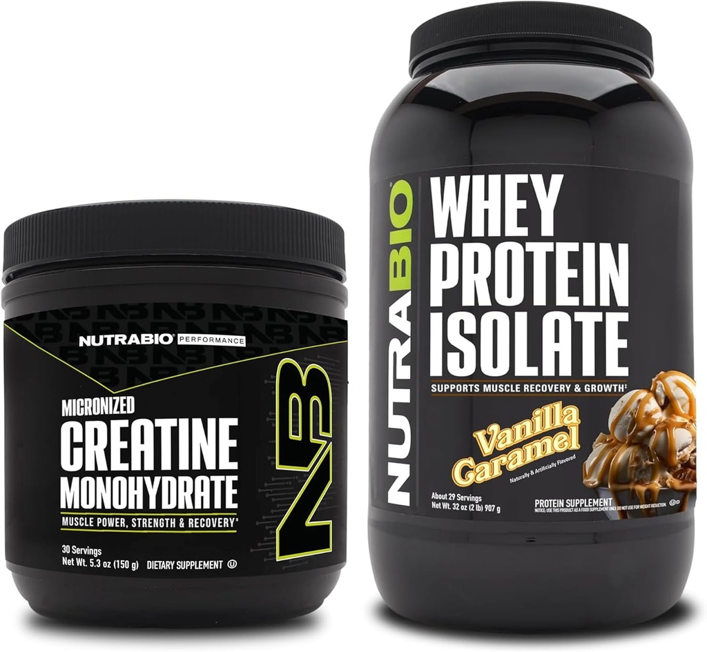 NutraBio Creatine Monohydrate, Unflavored, 150g και Whey Protein Isolate, Vanilla Caramel, συμπλήρωμα Bundle - μυϊκή ενέργεια, Lean μυϊκή ανάπτυξη, ανάκτηση, και δύναμη