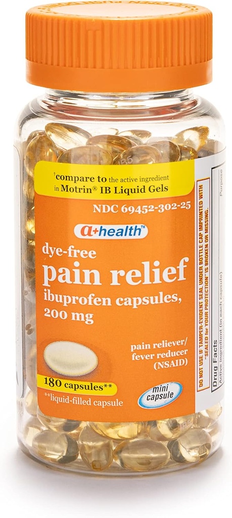 A+Sağlık Dye-Free Ibuprofen 200 Mg Mini Softgels, Pain Reliever/Fever Function (NSAID), 180 Count Count