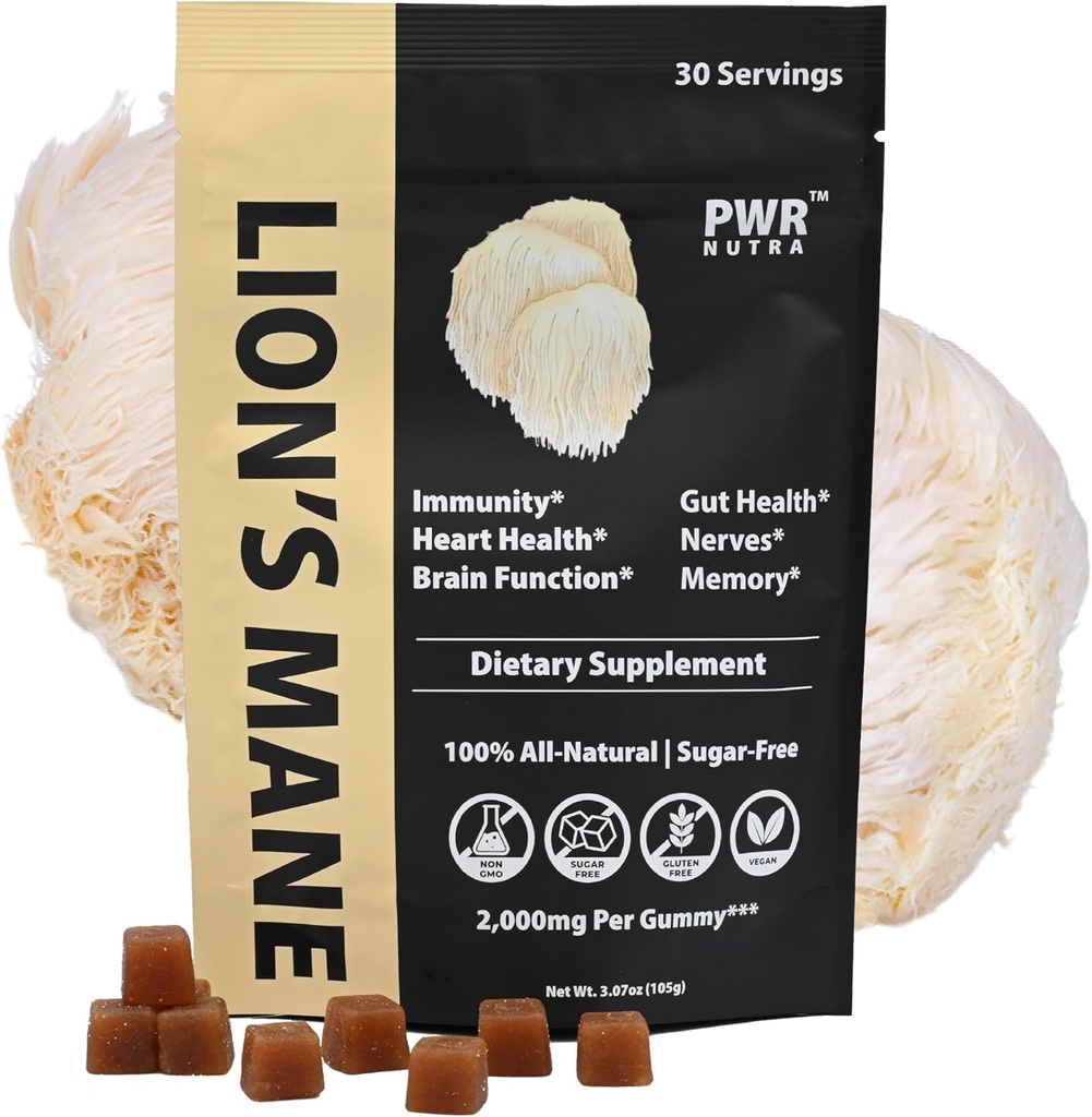 Gerçekten Lion's Mane Mushroom Gummies - Heart, Immunity, Inflammation, Brain Support, Vegan, Sugar-free, GF, 30 TRUE hizmet ediyor, 3.7oz