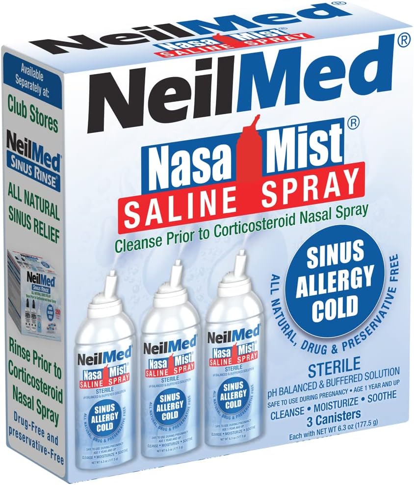 NeilMed NasaMist Ισοτονικό αλατούχο σπρέι. Soothe, Moisturize και Cleanse Χρησιμοποιώντας ειδικά σχεδιασμένη άκρη. 177mL. Περιέχει 3 δοχεία NasaMist