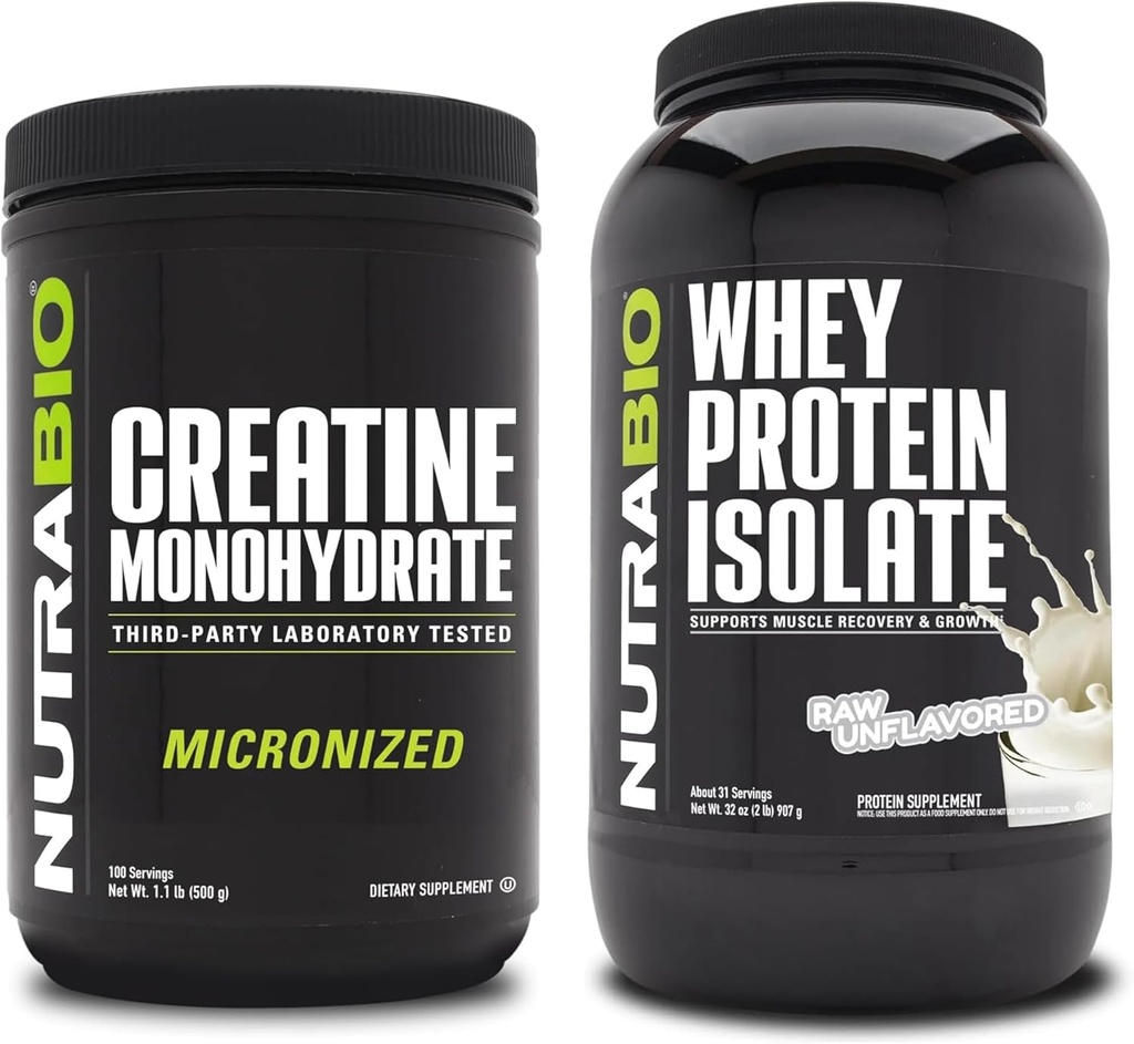 NutraBio Kretine Monohidrat, Unflavored, 500g ve Whey Protein Isolate, Unflavored, Supplement Sche - Muscle Energy, Lean Muscle growth, Recovery, and Strength