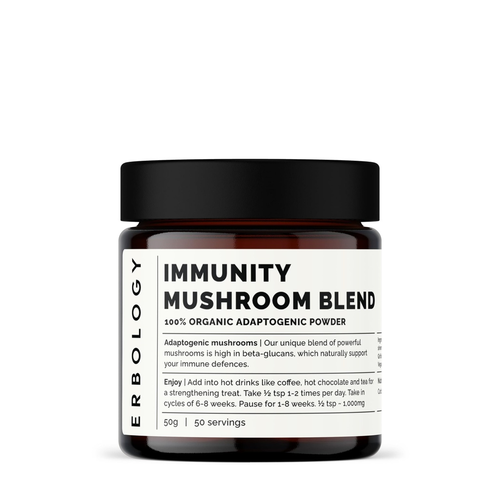 Erbology Organic Immunity Mushroom Complex 50 Μερίδες - Υψηλή σε Beta-γλυκάνες - Reishi, Cordyceps, Lion's Mane, Turkey Tail - Βιώσιμα Καλλιεργείται στην Ευρώπη - Vegan - Μη ΓΤΟ - Δεν προστίθενται πληρώματα