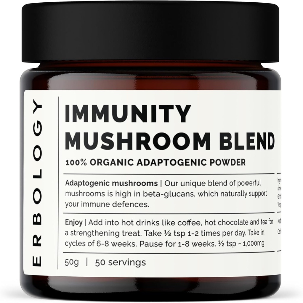 Erbology Organic Immunity Mushroom Kompleksi 50 Hizmet - Beta-glucanlarda Yüksek - Reishi, Cordyceps, Lion's Mane, Türkiye Tail - Sustainably Grown in Europe - Vegan - Non-GMO - Nodrew Fillers