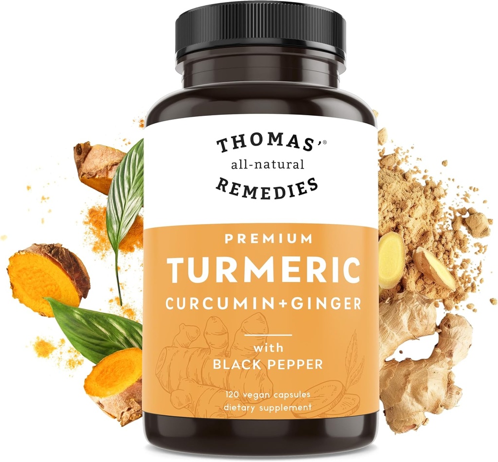 Thomas'ın tüm doğal Remedies Turmeric Curcumin ve Ginger ile Black Pepper, Organik Turmeric Ortak Destek Tamam% 95 Curcumin - NO dolum, Vegan - 120ct