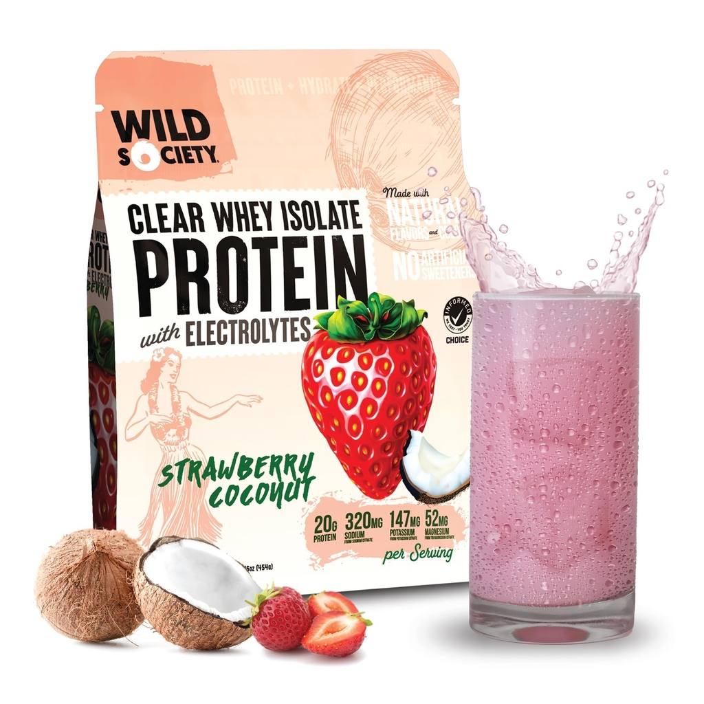 WILD SOCIETY - Clear Whey proteini + Elytes - Whey proteini Isolate Toz - 20g Protein, 0 Eklenmiş Şeker, GMO-Free, Natural Flavors & Colors - Strawberry Coconut, 16 ozz