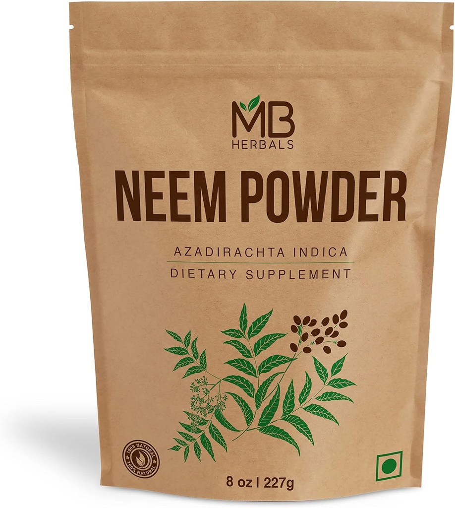 MB Herbals Pure Neem Toz 8 oz | 227 Gram / 0,5 LB Pure Wild-Crafted Neem Leaf Toz | Skin ve Saç için Tamam | Azadirachta Indica