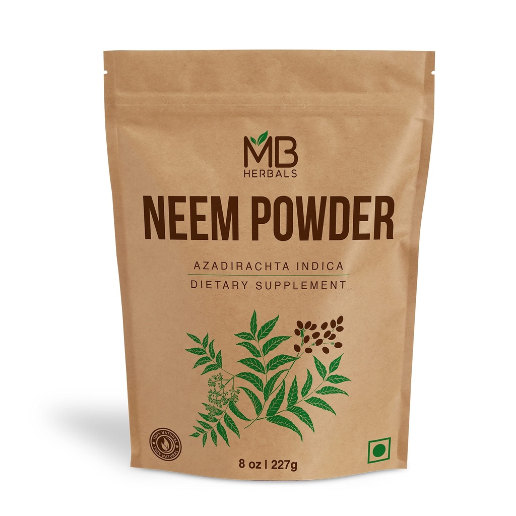 MB Herbals Pure Neem Toz 8 oz | 227 Gram / 0,5 LB Pure Wild-Crafted Neem Leaf Toz | Skin ve Saç için Tamam | Azadirachta Indica