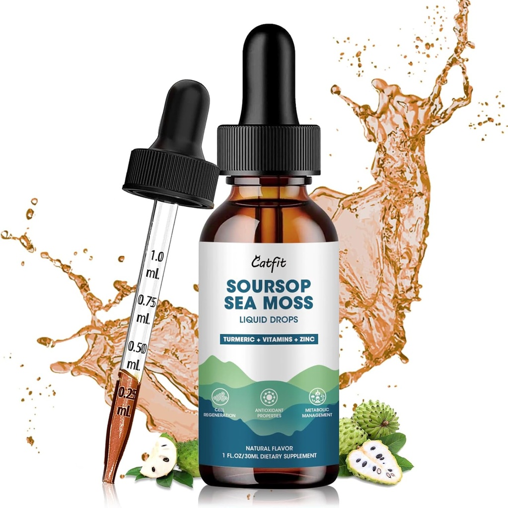 Soursop Graviola Liquid Drop, Soursop Sea Moss & Turmeric, Graviola Soursop Bitters Hücre Desteği ve Rejenerasyonu için sıvı, Liver, Relax, Immune ve Antioksi Desteği, 1 Fl Oz