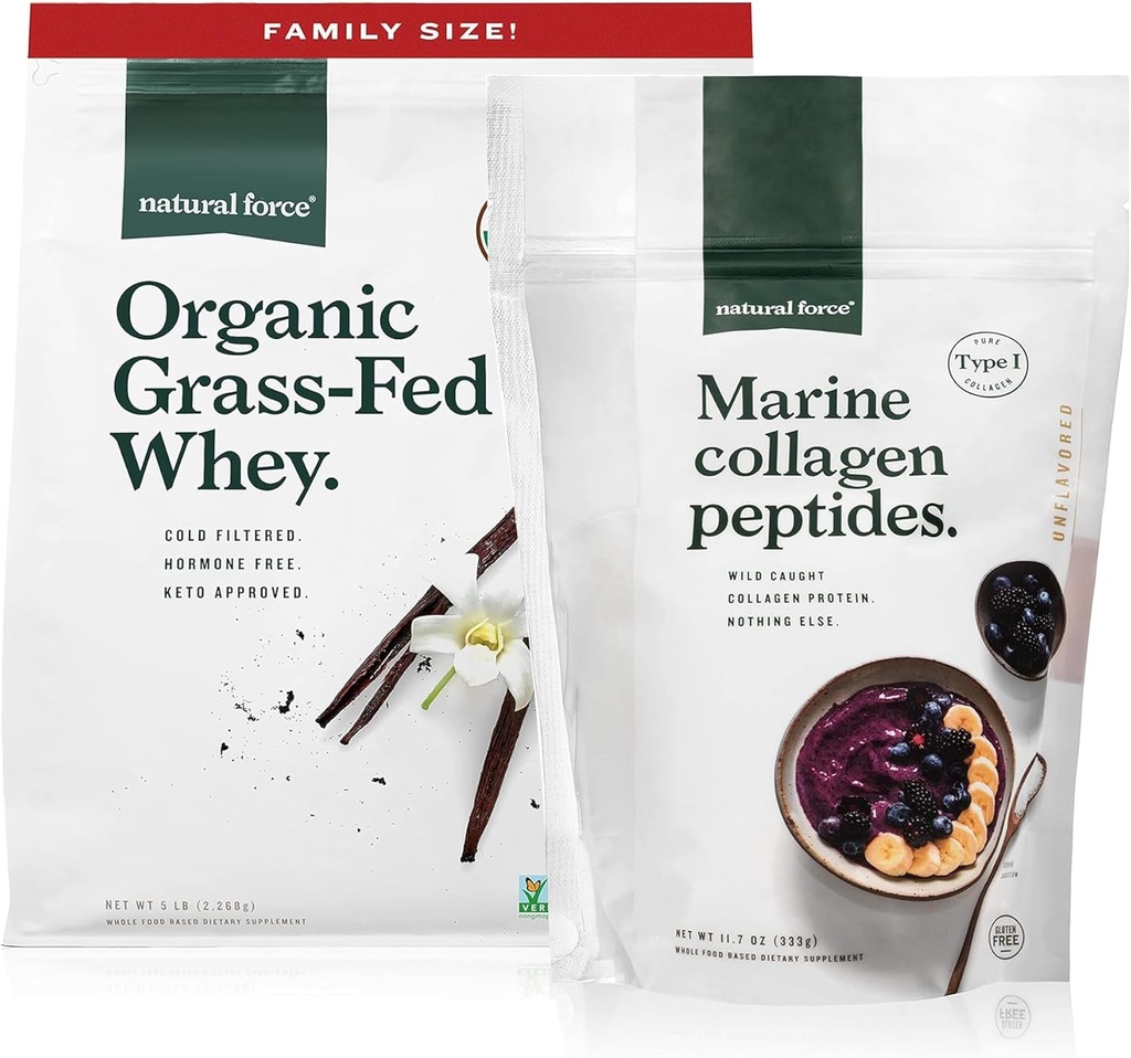 Natural Force Grass Fed Organik Whey Protein Toz Vanilla Flavor 5 lb Clean Marine Collagen Toz 11.7 oz