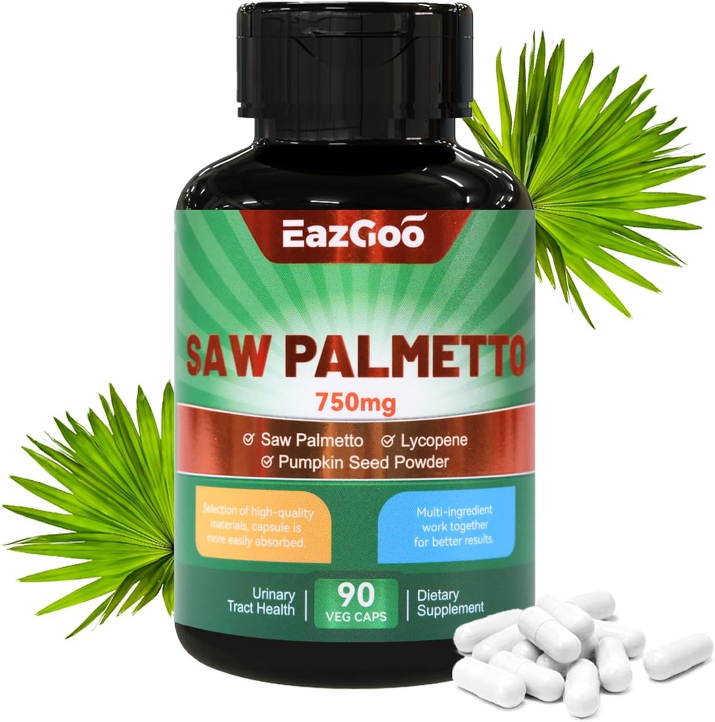 Saw Palmetto Supplement, Saw Palmetto Extract 750mg, with Lycopene, Pumpkin Seed Powder, for Men and Women,Non-GMOs & Gluten, Vegan, 90 Count Capsules