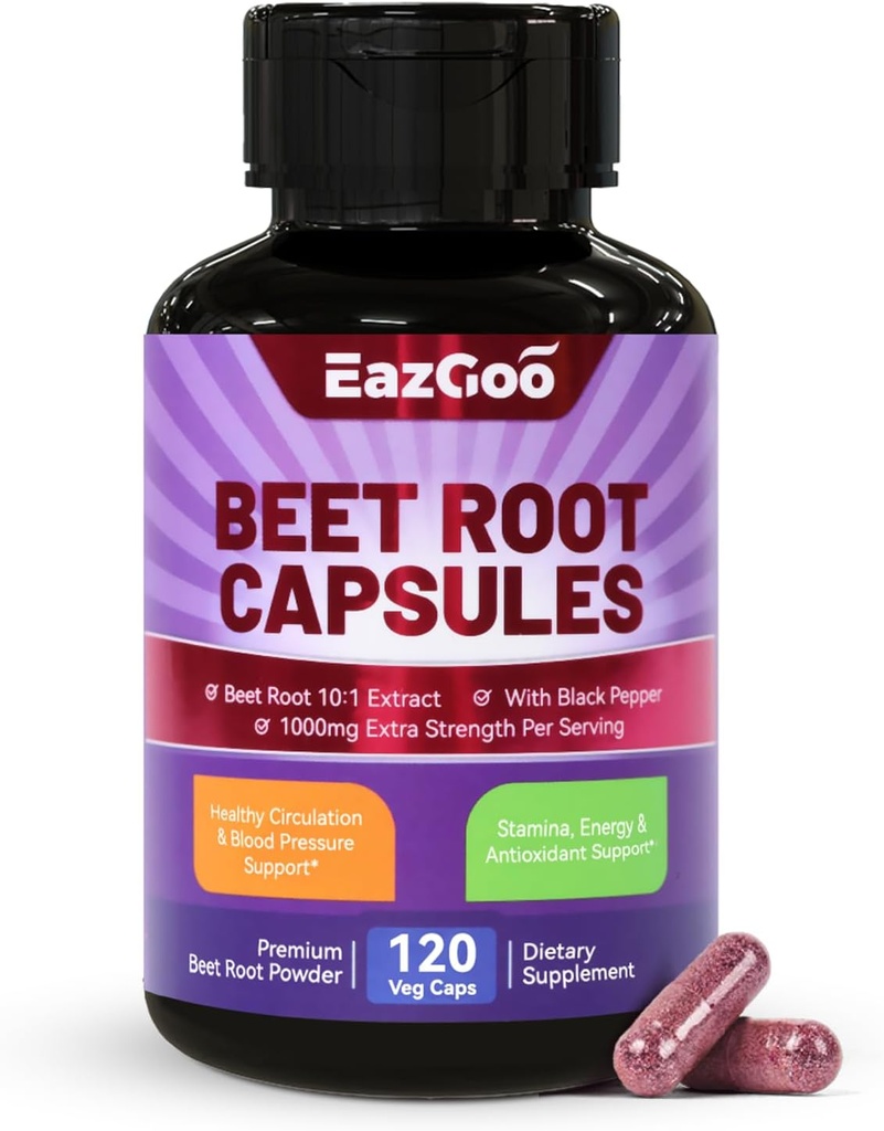 Beet Root Capsules 1000 mg Per Service, Supports Nitric Oksit Production & Blood Pressure, Black Pepper Extract, Non-GMO, Gluten Free, Vegan - 120 Counts