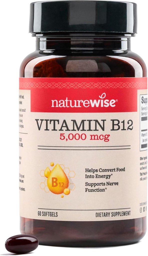 NatureWise Vitamin B12 5000 mcg - Ekstra Kuvvet - Enerji Seviyelerini Desteklemek için Tamam, Ruh Clarity, Nervous System Health - Easy-to-Swallow, Soy ve Gluten-Free, Non-GMO - 60 Softgels