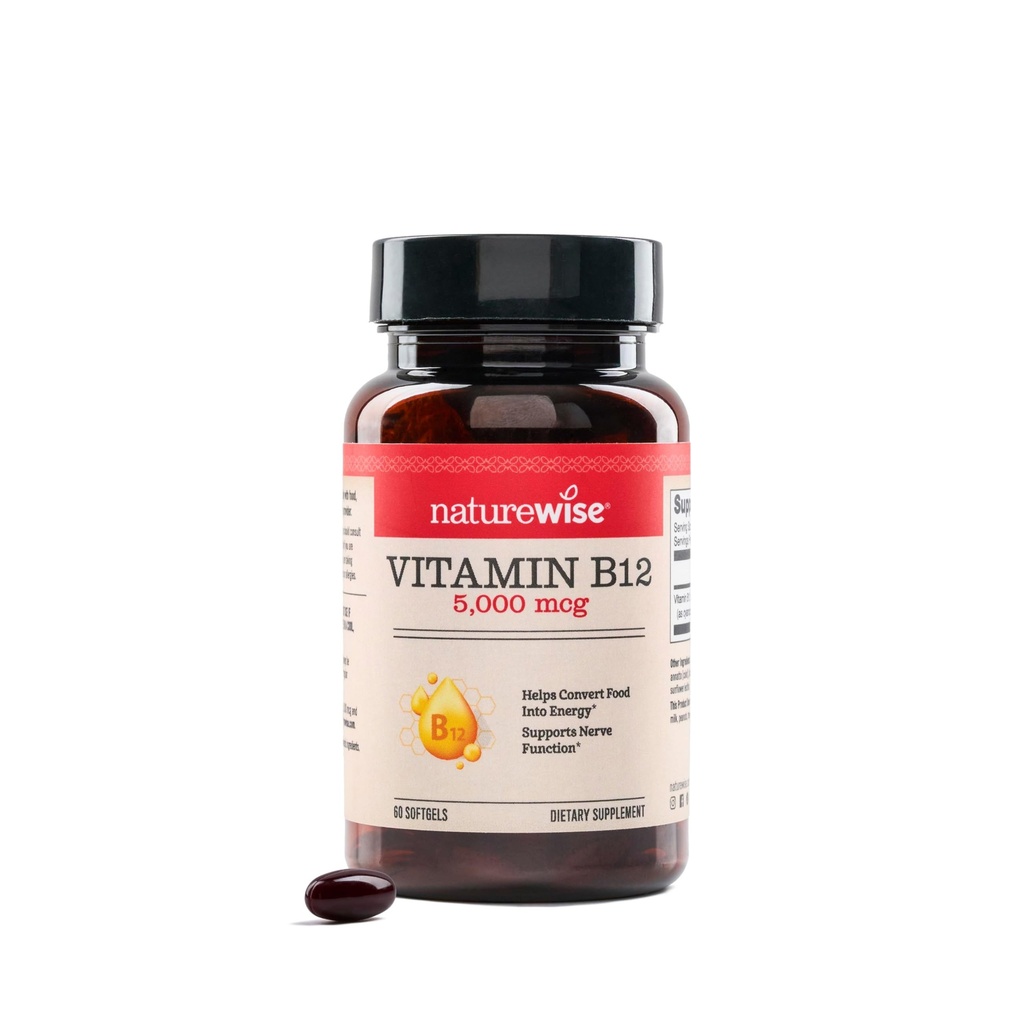 NatureWise Vitamin B12 5000 mcg - Ekstra Kuvvet - Enerji Seviyelerini Desteklemek için Tamam, Ruh Clarity, Nervous System Health - Easy-to-Swallow, Soy ve Gluten-Free, Non-GMO - 60 Softgels