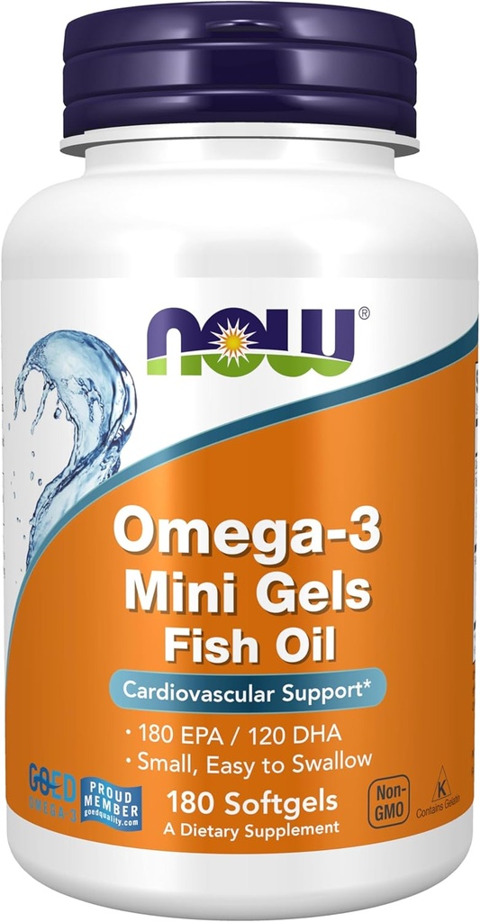 NOW Συμπληρώματα, Omega-3 Mini Gels, 180 EPA/120 DHA, Μοριακά Αποσταγμένο, Καρδιαγγειακή Υποστήριξη*, 180 Softgels