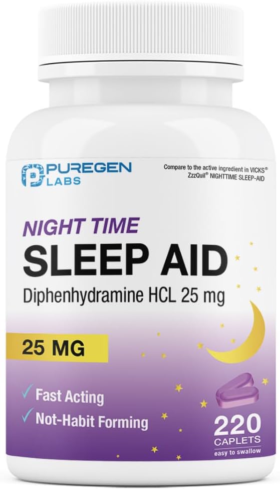 Puregen Labs Sleep Aid Caplets, Diphenhydramine HCl 25mg - 220 Count | Supports Deeper, Restful Sleep, Non Habit-Forming | Made in USA