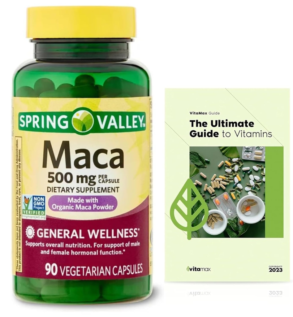Generic Spring Valley Maca Root 500mg κάψουλες, οργανική ρίζα Maca για γυναίκες και άνδρες + αποκλειστικός οδηγός VitaMax βιταμίνης (2 αντικείμενα)