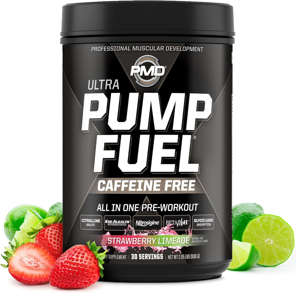 PMD Sports Pump Yakıt Ultra Caffeine Free - Premium Pre Workout Toz & Muscle Pump, Greater Focus, Endurance & Recovery, Premium Kreine, Arginine & Beta Alanine - Strawberry Limeade (30 hizmet)