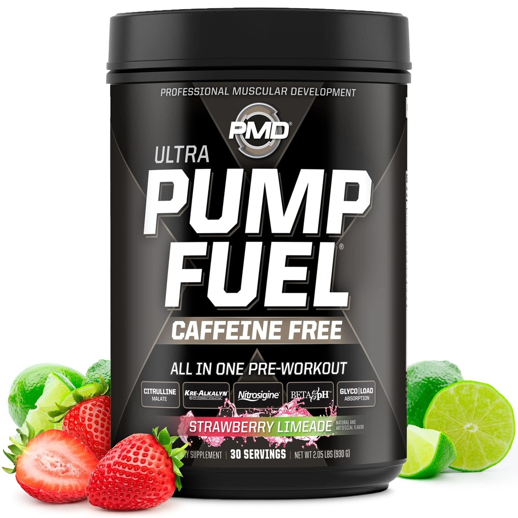 PMD Sports Pump Yakıt Ultra Caffeine Free - Premium Pre Workout Toz & Muscle Pump, Greater Focus, Endurance & Recovery, Premium Kreine, Arginine & Beta Alanine - Strawberry Limeade (30 hizmet)