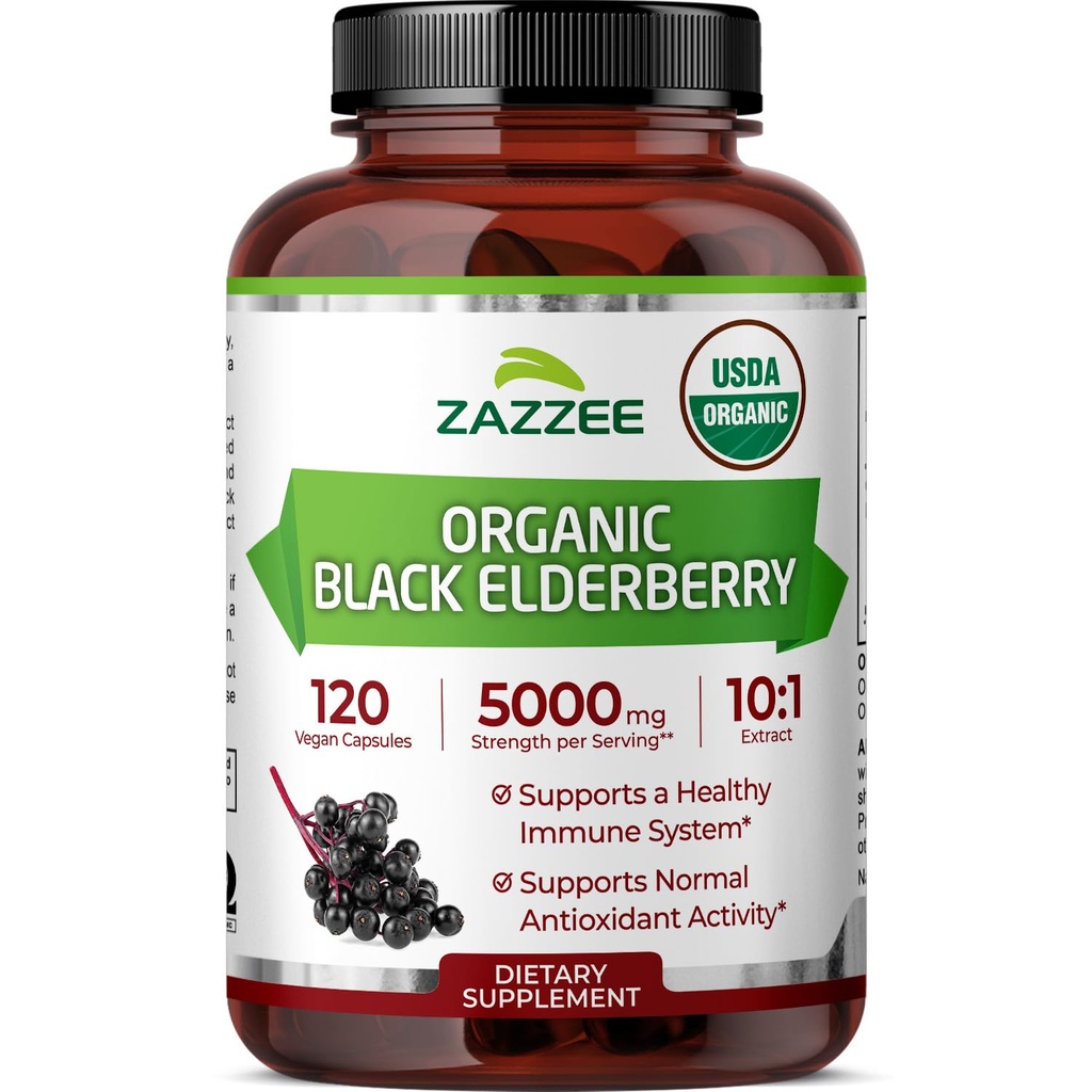 Zazzee USDA Organic Black Elderberry 10:1 Extract, 120 Vegan Capsules, 2 Month Supply, Sambucus Nigra, Antioxidant & Immune Support, Concentrated 10X Extract, All-Natural, Non-GMO, Made in the USA