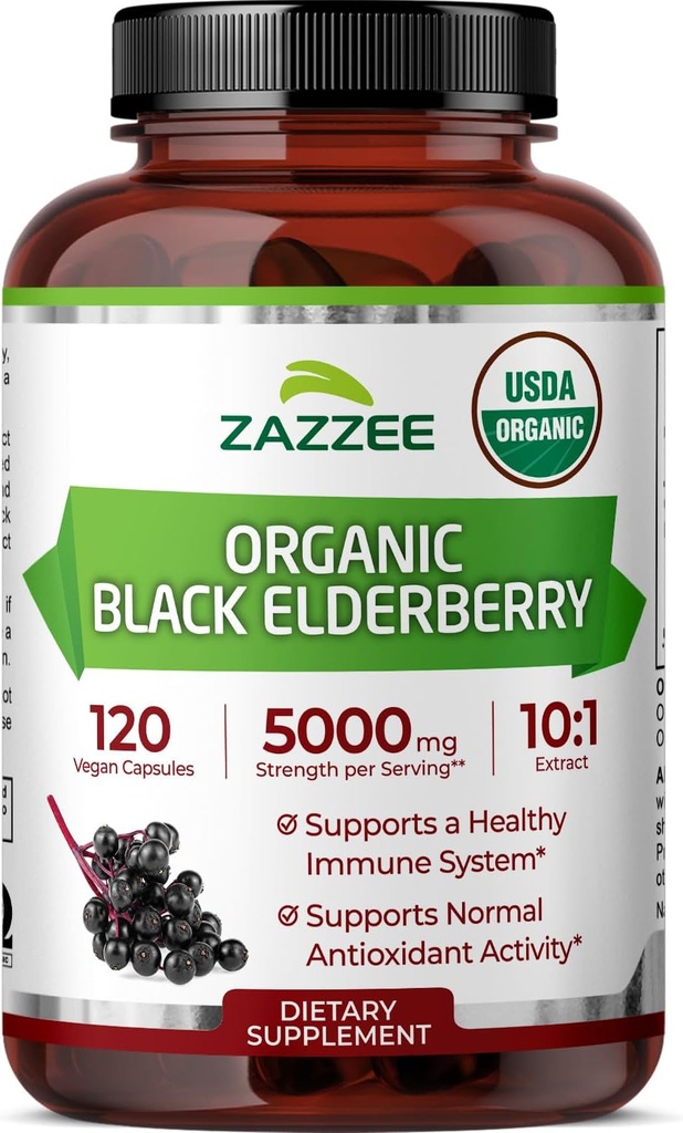Zazzee USDA Organic Black Elderberry 10:1 Extract, 5000 mg Δύναμη, 120 κάψουλες Vegan, 2 μήνες προσφοράς, Standardized, συμπυκνωμένο εκχύλισμα 10X, 100% χορτοφαγικά, όλα φυσικά, μη-GMO, Made in The USA