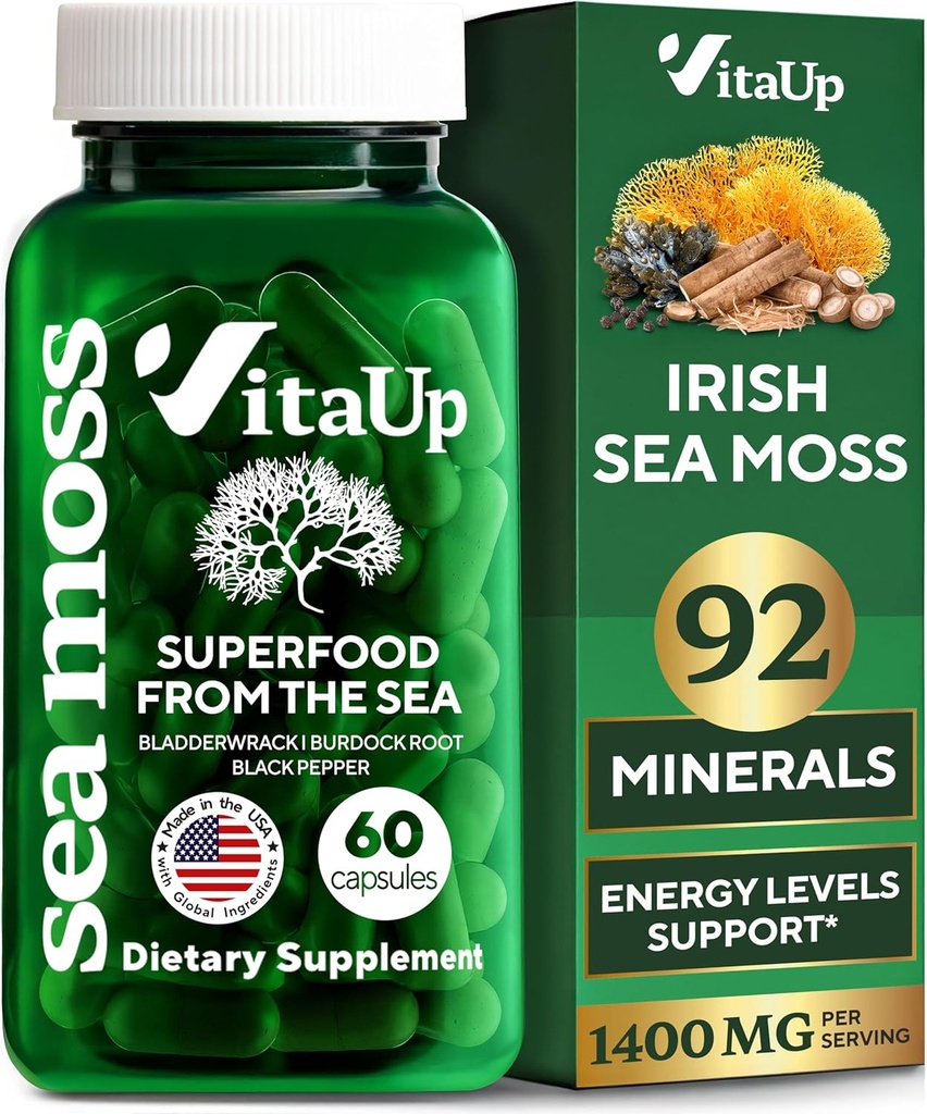 Wildcrated Irish Sea Moss Κάψουλες με Burdock Root & Bladderwrack - ΗΠΑ Made Sea Moss Advanced for Hair, Skin, Immune & Energy Levels Support - SeaMoss Χάπια - 60 Vegan Κάψουλες