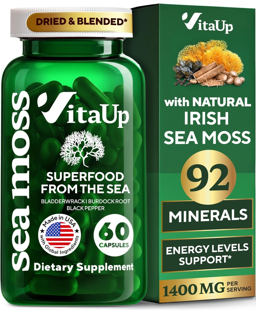 Wildcrated Irish Sea Moss Κάψουλες με Burdock Root & Bladderwrack - ΗΠΑ Made Sea Moss Advanced for Hair, Skin, Immune & Energy Levels Support - SeaMoss Χάπια - 60 Vegan Κάψουλες