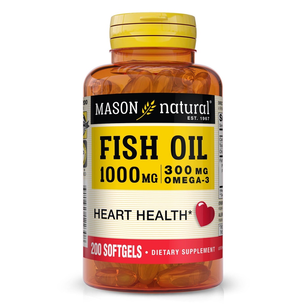 MASON NATURAL Omega,3 Fish Oil, 200,Day Supply, iş birliği için EPA ve DHA ile 1000 mg, Softgel Pills