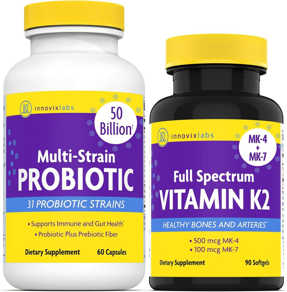 InnovixLabs Vitamin K2 & Probiyotik Sche Full Spectrum Vitamin K2 (90 Softgel Capsules) Multi-Strain Probiyotik (60 Time-Release Capsules). Bones, Immune ve Sağlıklı Gut'ı destekler. *