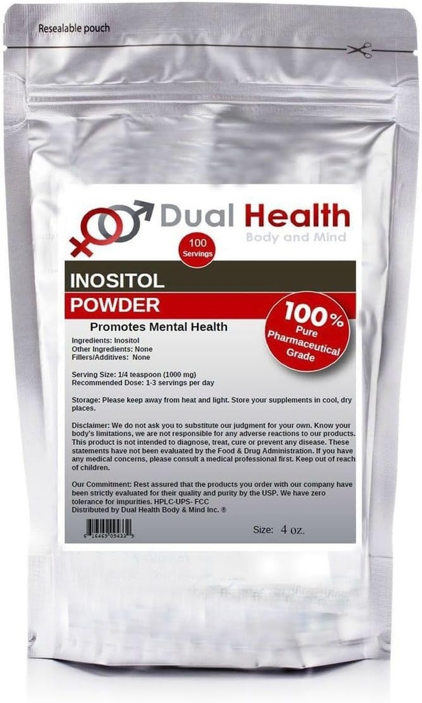 Dual Health Body & Mind Inositol Toz (4 oz) Saf Vitamin B8 Antioksis Bulk Supplements 1000 mg per servis başına