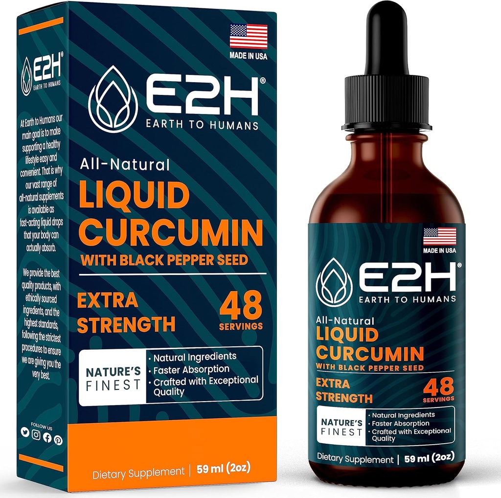 E2H Sıvı Turmeric Curcumin for Better Absortion - Natural Joint Support - Turmeric Root Extract with Black Pepper Seed - Boost Your Health - Vegan - Non-GMO - 2 Fl Oz