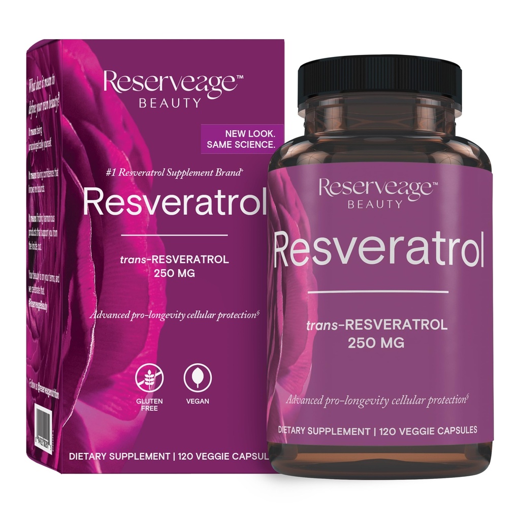 Reserveage Beauty, Resveratrol 250 mg, Antioksi Supplement for Heart and Cellular Health, Supports Health Aging and Immune System, Paleo, Chem, 120 Capsules