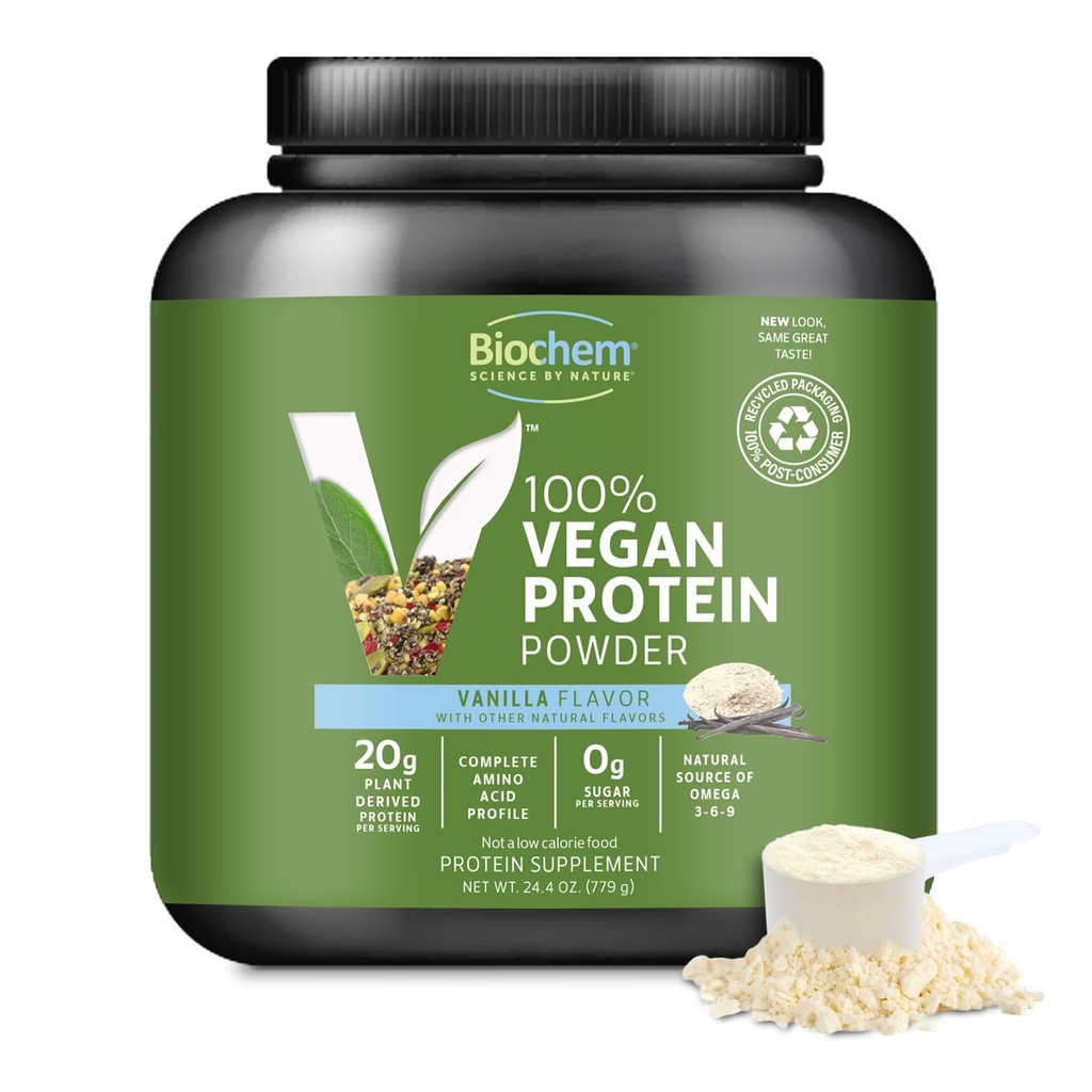 Biochem Vegan Protein Toz, hizmet başına 20g Pure Plant-Based Protein, Organik Pea, Hemp & Cranberry, Soy-Free, Gluten-Free, Vanilla, 1.5 lb