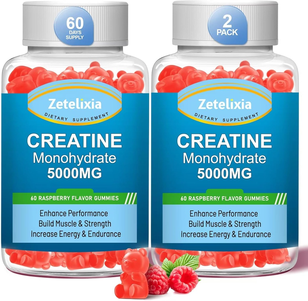 2 Pack Creatine Monohydrate Gummies, Creatine Monohydrate για άνδρες και γυναίκες, Ενισχυμένη Φόρμουλα με BCAA, Βιταμίνη Β12, Ταυρίνη, Υποστήριξη μυών, Ενέργεια Boost, Χωρίς ζάχαρη, Vegan, 120 Count