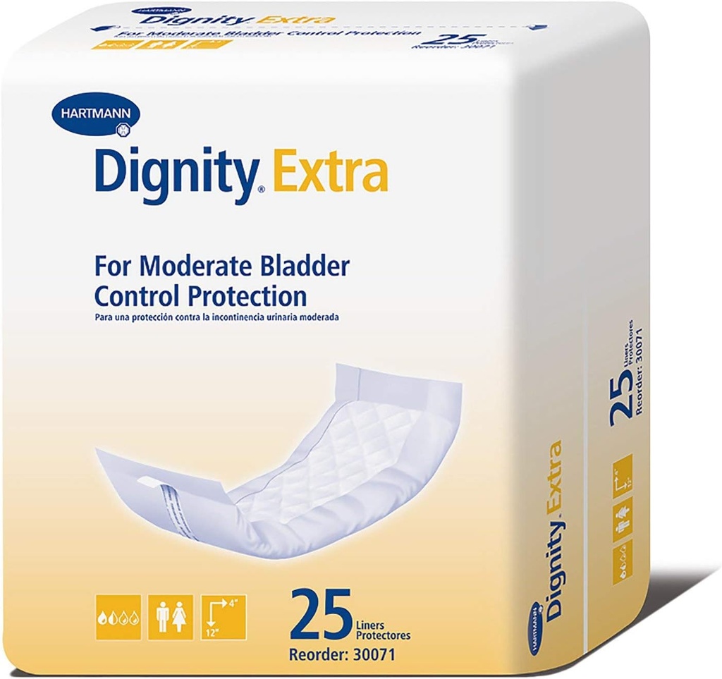 Erkekler ve Kadınlar için Dignity Extra Incontinence Liner - Bladder Leak Pads, Moderate Absorbency - One Scale Fits Most, 4 in x 12 in, 25 Count, 1 Pack