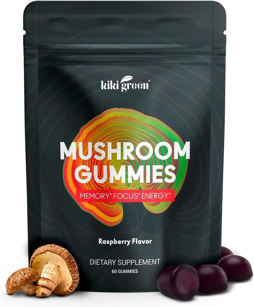 KIKI Green Mushroom Gummies with Lion's Mane and 9 Adaptogen Superfoods Blend - Chaga, Red Reishi, Cordyceps, Shiitake, Black Fungus 