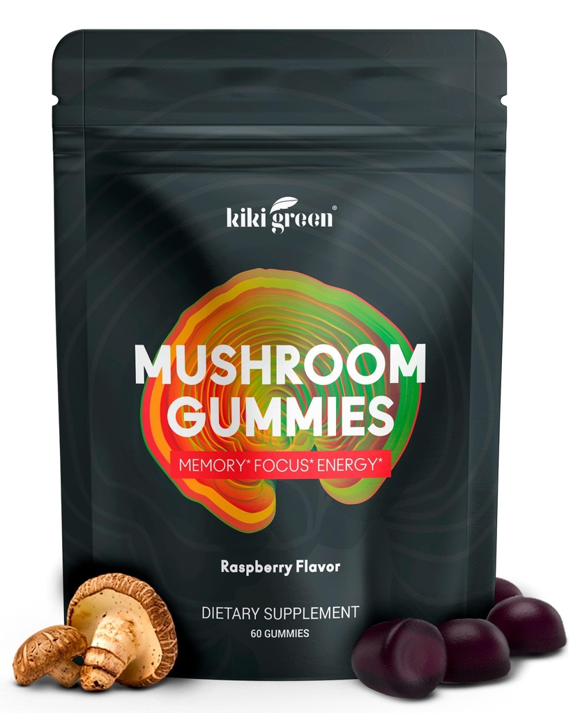 KIKI Green Mushroom Gummies with Lion's Mane and 9 Adaptogen Superfoods Mix - Chaga, Red Reishi, Cordyceps, Shiitake, Black Fungus | 60 Kont, 10:1 Tür